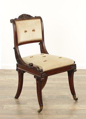 Lot 1403 - A REGENCY CARVED MAHOGANY AND SUEDE LEATHER HALL CHAIR