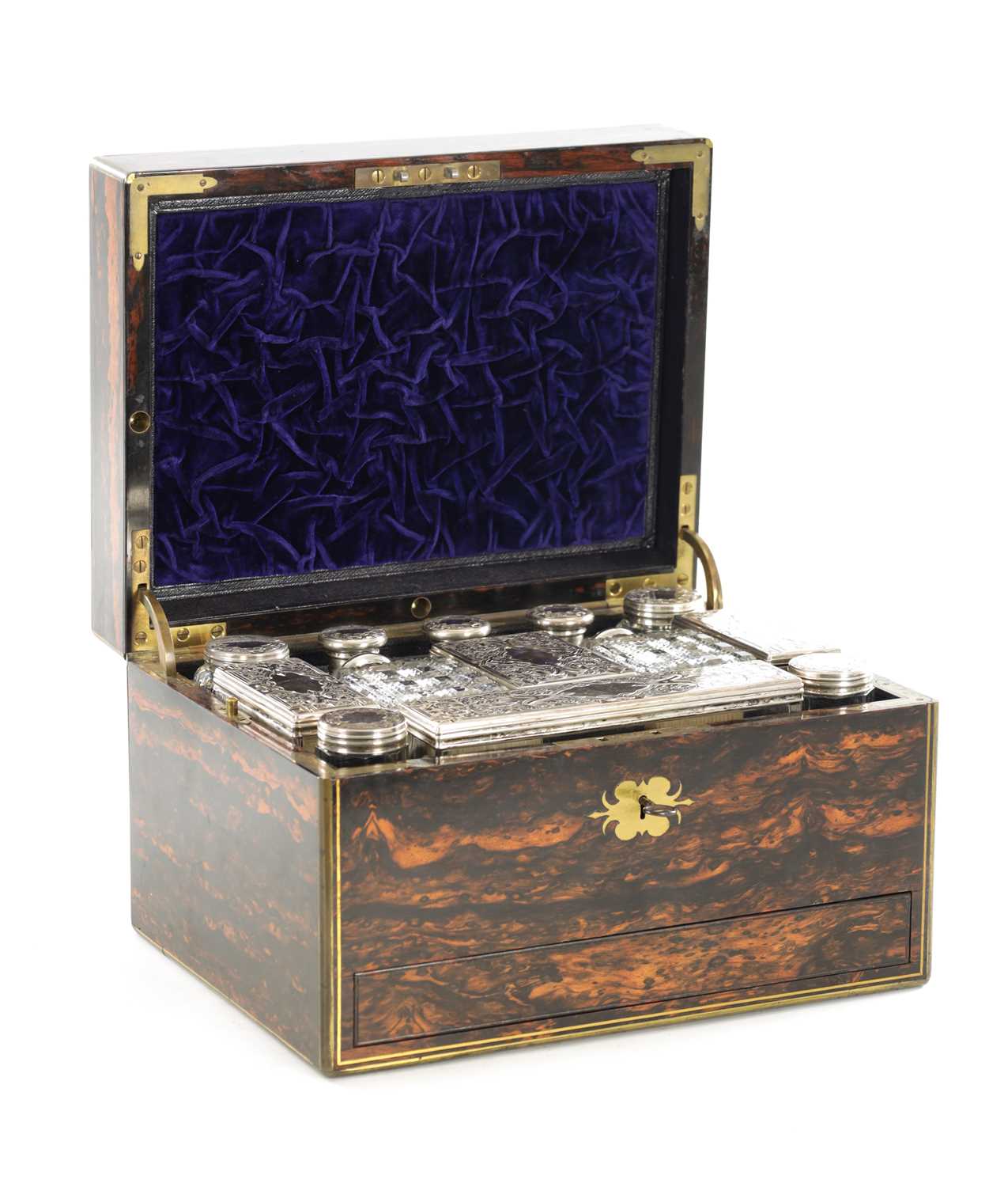 Lot 1333 - J.J. MECHI, 112 REGENT STREET, LONDON. A FINE 19TH CENTURY CALAMANDER AND BRASS INLAID DRESSING BOX