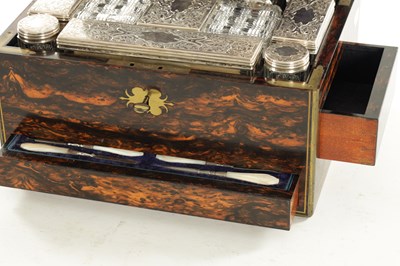 Lot 1333 - J.J. MECHI, 112 REGENT STREET, LONDON. A FINE 19TH CENTURY CALAMANDER AND BRASS INLAID DRESSING BOX