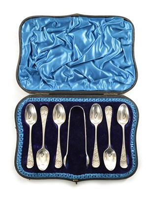 Lot 457 - A CASED SET OF LATE 19TH CENTURY SILVER TEA SPOONS AND SUGAR TONGS