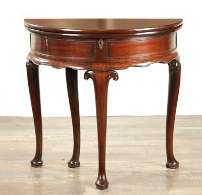 Lot 1487 - A GOOD GEORGE II RED WALNUT DEMI LUNE TEA TABLE