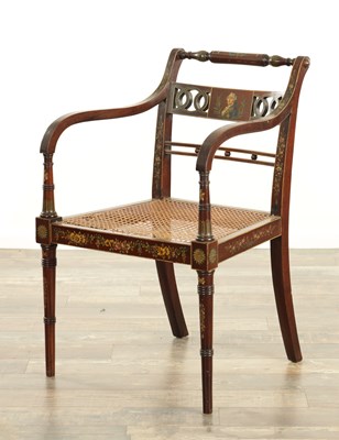 Lot 1479 - A GEORGE III PAINTED MAHOGANY BERGERE OPEN ARMCHAIR