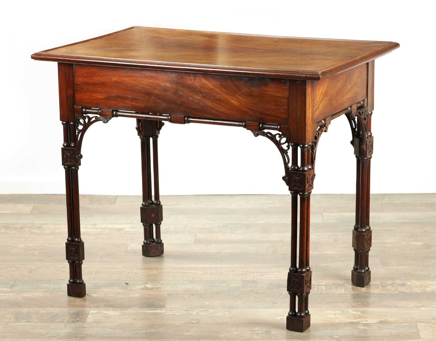 Lot 1485 - AN UNUSUAL GEORGE III FIGURED MAHOGANY CHIPPENDALE STYLE SILVER TABLE