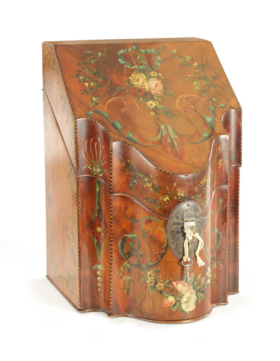 Lot 1330 - A GEORGE III PAINTED MAHOGANY AND SILVER MOUNTED KNIFE BOX