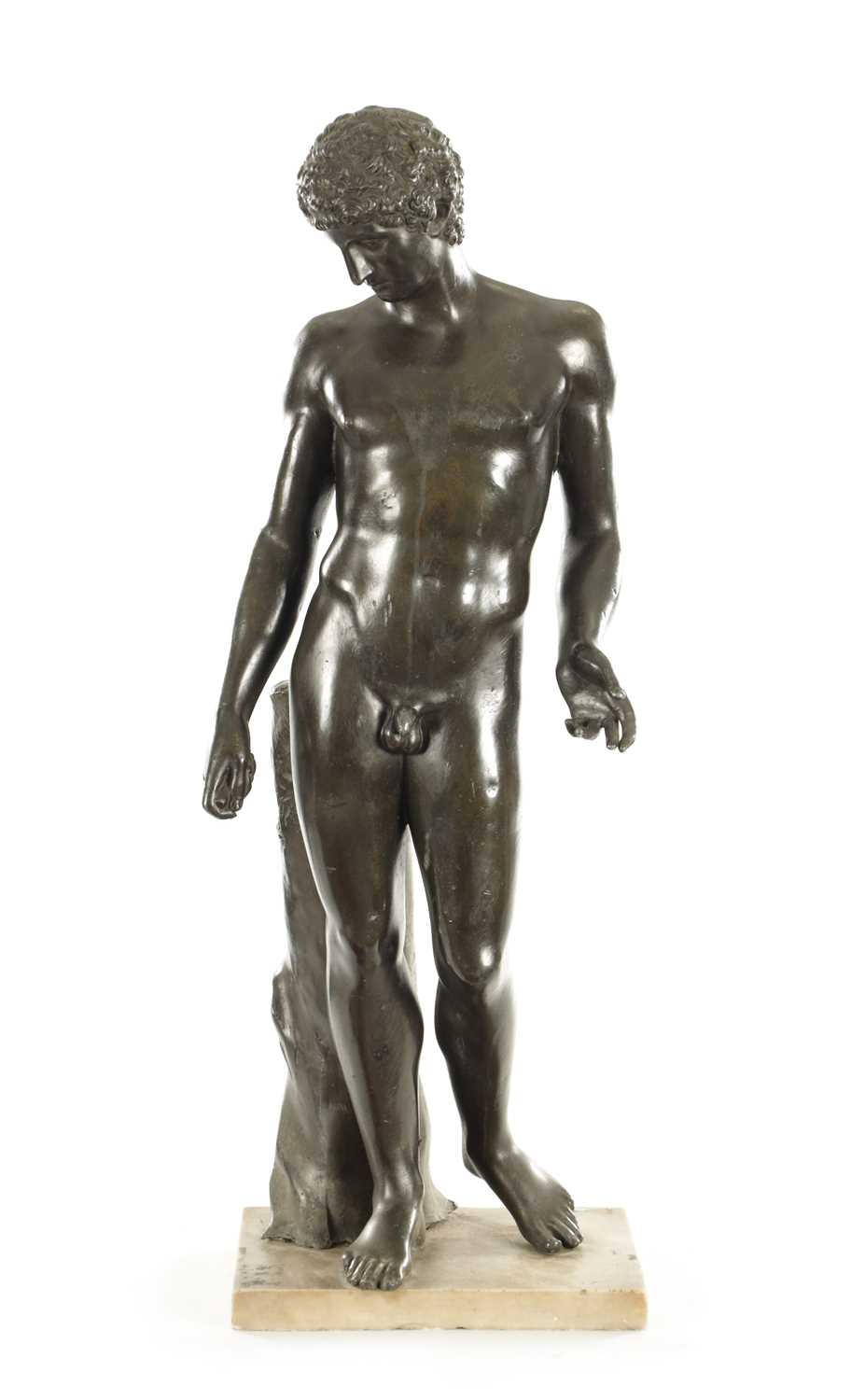 Lot 924 - AFTER THE ANTIQUE AN 18TH CENTURY BRONZED LEAD FIGURE OF THE CAPITOLINE ANTINOUS