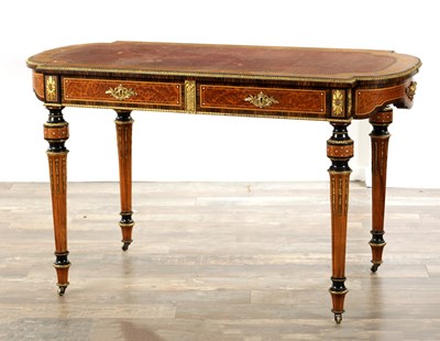 Lot 1440 - A FINE 19TH CENTURY FRENCH STYLE CALAMANDER AND AMBOYNA ORMOLU MOUNTED WRITING DESK IN THE MANNER OF GILLOWS