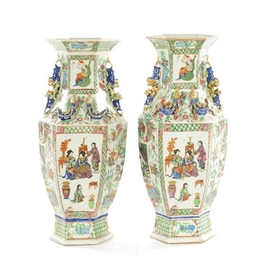 Lot 188 - A GOOD PAIR OF 19TH CENTURY CHINESE CANTONESE HEXAGONAL-SHAPED VASES