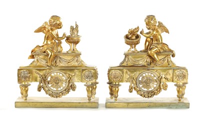 Lot 903 - A PAIR OF 19TH CENTURY GILT BRASS HEARTH DOGS