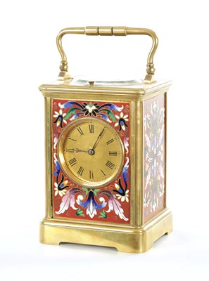 Lot 1227 - A LATE 19TH CENTURY FRENCH REPEATING CHAMPLEVE ENAMEL EIGHT-DAY CARRIAGE CLOCK