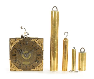 Lot 1103 - H. BODY, BATTLE. AN EARLY 18TH CENTURY 6" SQAURE BRASS DIAL ALARM CLOCK MOVEMENT