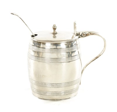 Lot 403 - A LATE GEORGE III SILVER MUSTARD POT FORMED AS BARREL