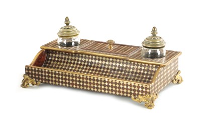 Lot 812 - A LATE 19TH CENTURY BRASS AND MOTHER OF PEARL INLAID MAHOGANY PEN & INK STAND