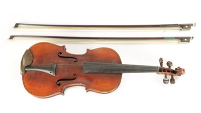 Lot 1296 - AN OLD VIOLIN AND TWO BOWS.