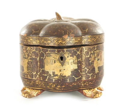 Lot 206 - A LATE 19TH CENTURY CHINESE EXPORT CANTONESE LACQUER WORK TEA CADDY FORMED AS A PUMPKIN