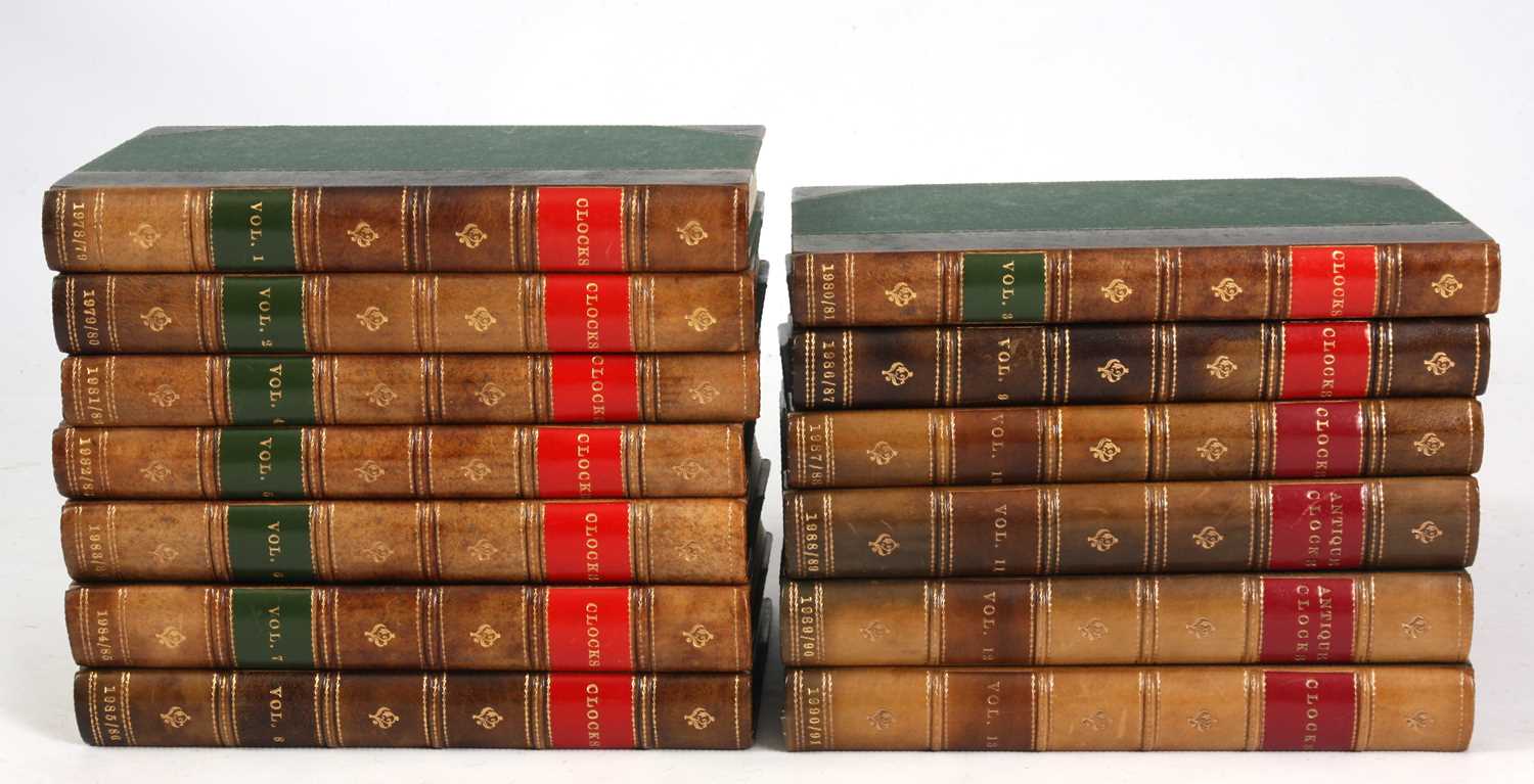 Lot 787 - A SET OF 13 LEATHER BOUND ANTIQUE CLOCK BOOKS.