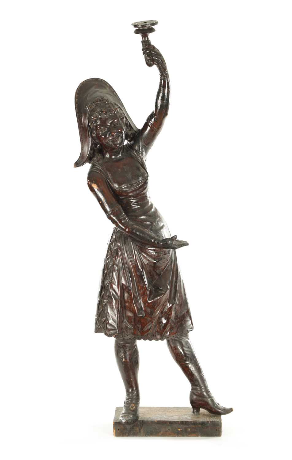 Lot 1321 - A 19TH CENTURY ITALIAN CARVED WALNUT FIGURAL LAMP OF LARGE SIZE