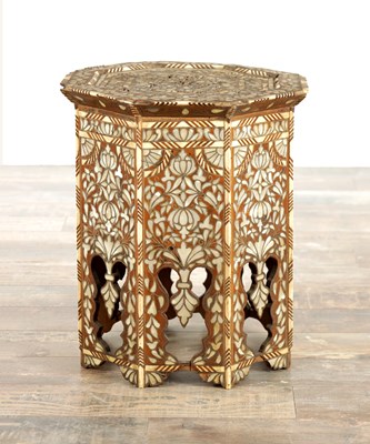 Lot 221 - AN 18TH / 19TH CENTURY CARVED HARDWOOD INLAID MOTHER OF PEARL AND BONE ISLAMIC OCTAGONAL OCCASIONAL TABLE