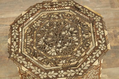 Lot 221 - AN 18TH / 19TH CENTURY CARVED HARDWOOD INLAID MOTHER OF PEARL AND BONE ISLAMIC OCTAGONAL OCCASIONAL TABLE