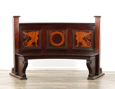 Lot 1450 - A 19TH CENTURY SATINWOOD INLAID MAHOGANY BOWED COUNTRY HOUSE BENCH IN THE NEOCLASSICAL TASTE