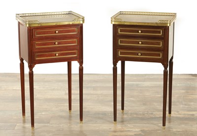 Lot 1396 - A MATCHED PAIR OF LOUIS XVI STYLE MAHOGANY AND BRASS BEDSIDE CABINETS