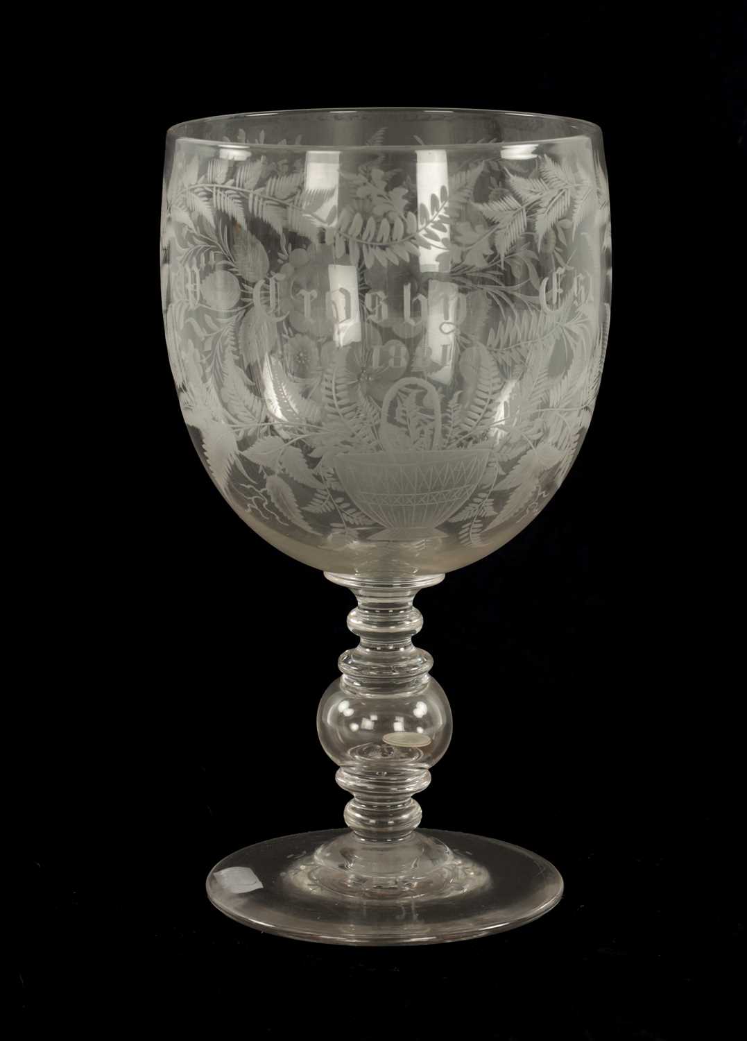Lot 5 - AN OVERSIZED LATE 19TH CENTURY ENGRAVED GLASS COIN GOBLET