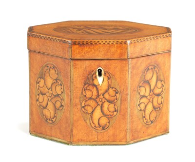 Lot 1325 - A GOOD GEORGE III SHELL INLAID SATINWOOD OCTAGONAL SHAPED TEA CADDY