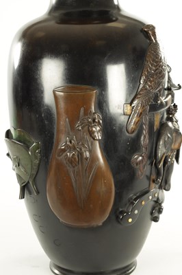 Lot 225 - A LARGE MEIJI PERIOD JAPANESE PATINATED BRONZE AND MIXED METAL HALL VASE