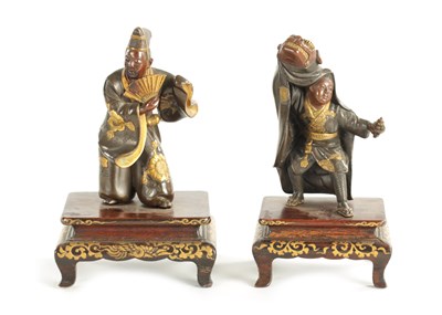 Lot 251 - A FINE PAIR OF 19TH CENTURY JAPANESE MEIJI PERIOD BRONZE AND MIXED METAL FIGURES BY MIYAO