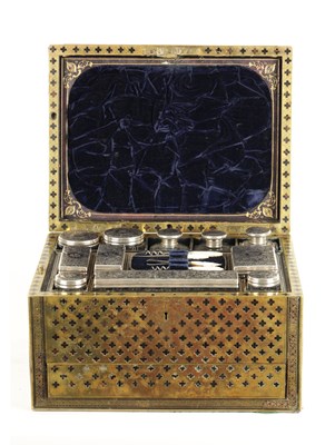 Lot 1317 - A FINE 19TH CENTURY SILVER FITTED BRASS AND EBONY INLAID DRESSING TABLE BOX