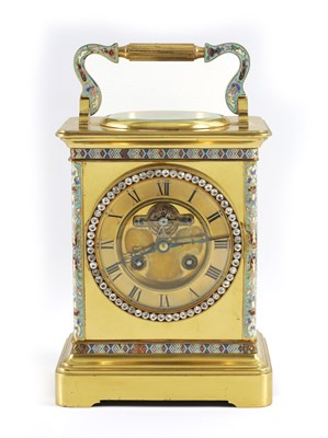 Lot 1164 - A 19TH CENTURY FRENCH BRASS AND CHAMPLEVE ENAMEL CARRIAGE-STYLE MANTEL CLOCK