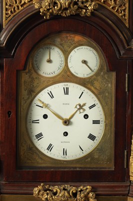 Lot 1053 - HARE, LONDON. A FINE GEORGE III MINIATURE MAHOGANY AND ORMOLU MOUNTED MUSICAL BRACKET CLOCK