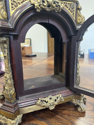 Lot 1053 - HARE, LONDON. A FINE GEORGE III MINIATURE MAHOGANY AND ORMOLU MOUNTED MUSICAL BRACKET CLOCK