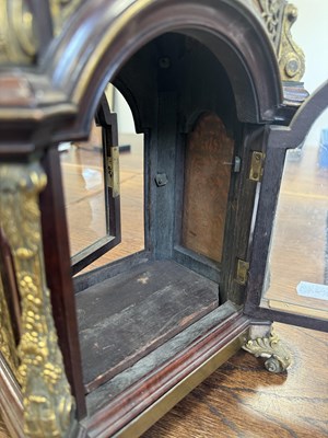 Lot 1053 - HARE, LONDON. A FINE GEORGE III MINIATURE MAHOGANY AND ORMOLU MOUNTED MUSICAL BRACKET CLOCK