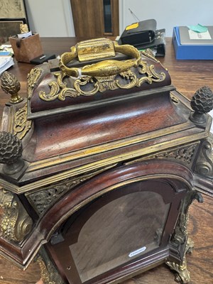 Lot 1053 - HARE, LONDON. A FINE GEORGE III MINIATURE MAHOGANY AND ORMOLU MOUNTED MUSICAL BRACKET CLOCK