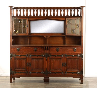 Lot 1383 - AN EARLY 20TH CENTURY ARTS & CRAFTS OAK SIDEBOARD IN MANNER OF SHAPLAND AND PETTER