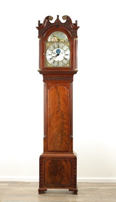 Lot 1059 - WILLIAM RUBOTTOM, TARPORLEY. A GEORGE III QUARTER CHIMING FIGURED MAHOGANY LONGCASE CLOCK