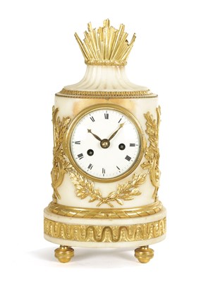 Lot 1213 - VIGER PARIS NO 1240. AN EARLY 19TH CENTURY FRENCH ORMOLU MOUNTED AND WHITE MARBLE OVAL SHAPED MANTEL CLOCK