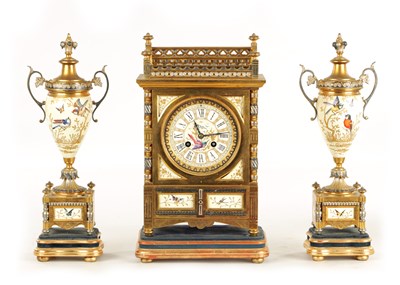 Lot 1070 - A FRENCH AESTHETIC PERIOD BRASS AND PORCELAIN CLOCK GARNITURE