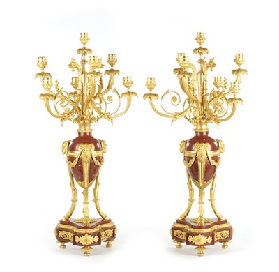 Lot 791 - A FINE PAIR LOUIS XVI STYLE ORMOLU NAD ROUGE MARBLE SIX BRANCH CANDELABRA