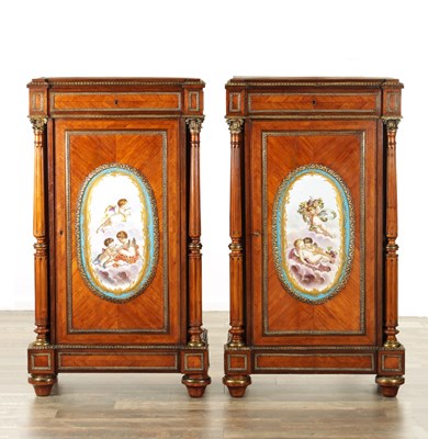 Lot 1445 - A FINE PAIR OF 19TH CENTURY ORMOLU MOUNTED KINGWOOD SIDE CABINETS WITH MASSIVE SERVES PORCELAIN PLAQUES