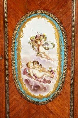 Lot 1445 - A FINE PAIR OF 19TH CENTURY ORMOLU MOUNTED KINGWOOD SIDE CABINETS WITH MASSIVE SERVES PORCELAIN PLAQUES