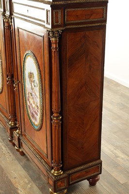 Lot 1445 - A FINE PAIR OF 19TH CENTURY ORMOLU MOUNTED KINGWOOD SIDE CABINETS WITH MASSIVE SERVES PORCELAIN PLAQUES