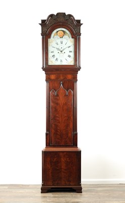 Lot 1214 - RICHARD BURN, MANCHESTER. A FIGURED MAHOGANY EIGHT DAY LONGCASE CLOCK