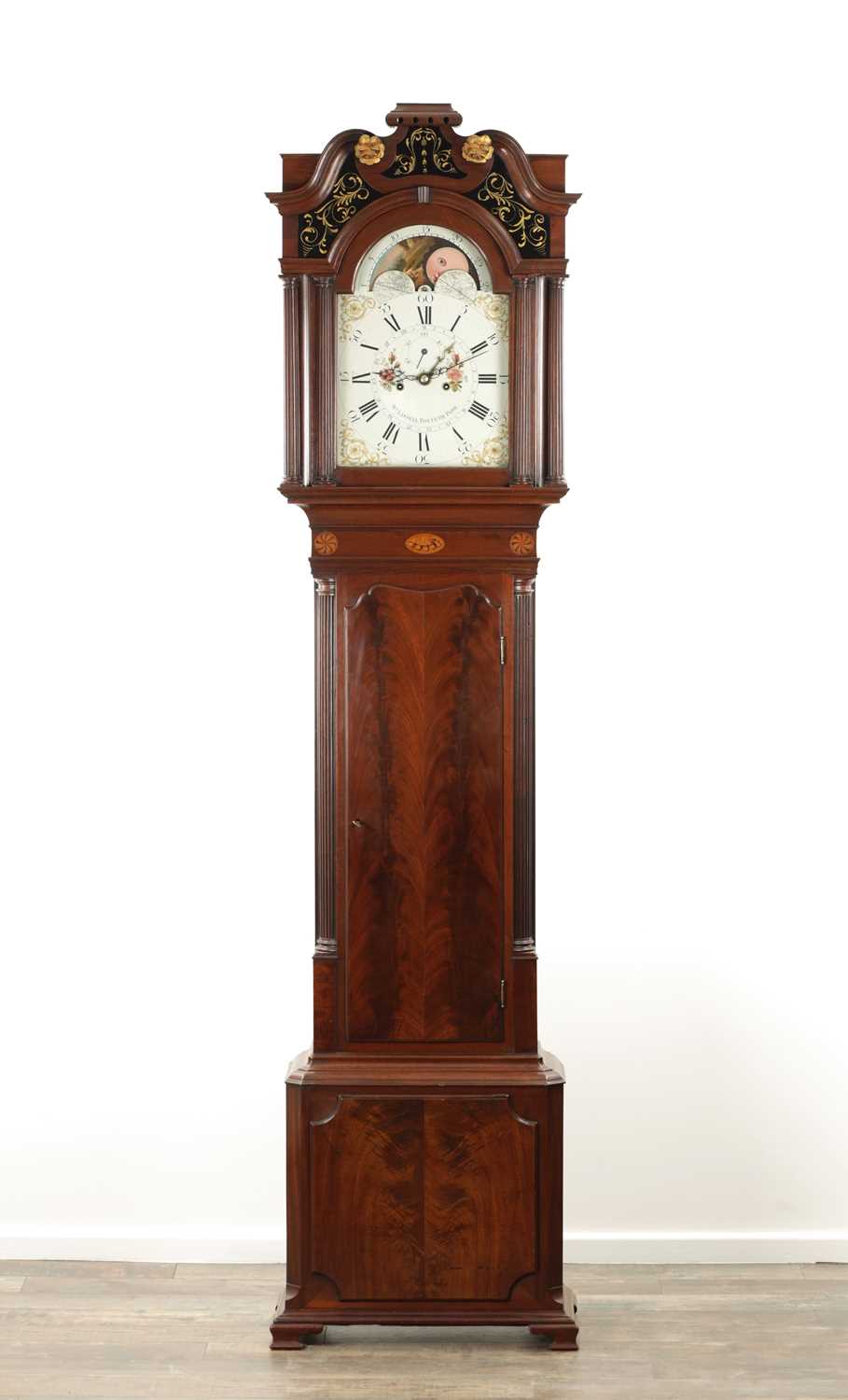 Lot 1230 - WILLIAM LASSELL, TOXTETH PARK. A GEORGE III FIGURED MAHOGANY LONGCASE CLOCK