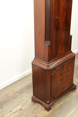 Lot 1230 - WILLIAM LASSELL, TOXTETH PARK. A GEORGE III FIGURED MAHOGANY LONGCASE CLOCK