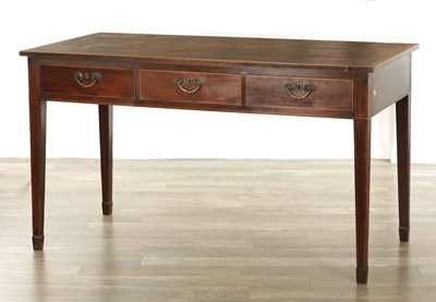 Lot 1362 - A GEORGE III MAHOGANY AND BOX-WOOD INLAID WRITING TABLE