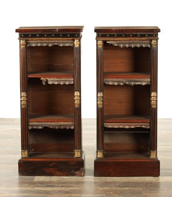 Lot 1473 - AN UNUSUALLY SMALL PAIR OF REGENCY BRASS INLAID ROSEWOOD OPEN BOOKCASES