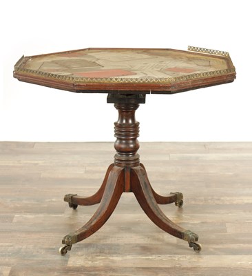 Lot 1386 - A GOOD REGENCY OCTAGONAL MAHOGANY AND EBONY INLAID TABLE WITH TROMPE SILK-WORK TAPESTRY TOP