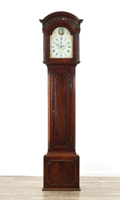 Lot 1150 - GAMMON, HEREFORD. A GEORGE III FIGURED MAHOGANY EIGHT-DAY LONGCASE CLOCK