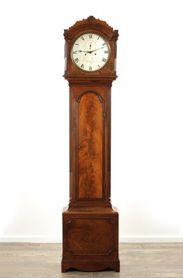 Lot 1072 - GEORGE LEFEVER, WISBEACH. A REGENCY SILVERED DIAL EIGHT DAY FLAMED MAHOGANY LONGCASE CLOCK